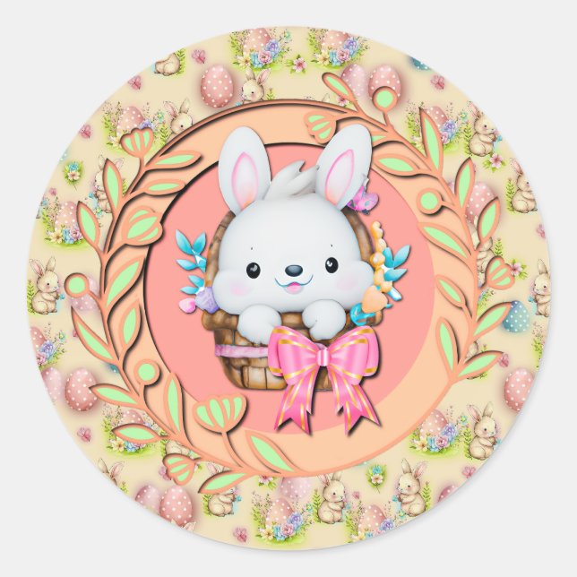 Cute Easter Bunny Sitting in The Basket Classic Round Sticker (Front)