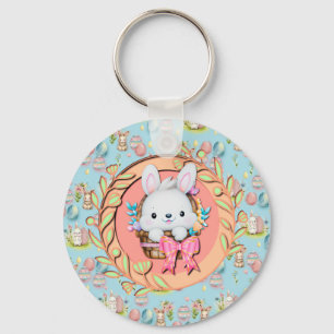 Cute Easter Bunny Sitting in The Basket Keychain