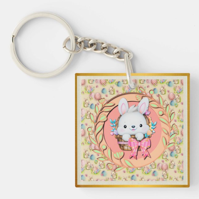 Cute Easter Bunny Sitting in The Basket Keychain (Front)