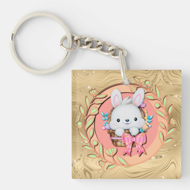 Cute Easter Bunny Sitting in The Basket Keychain (Front)