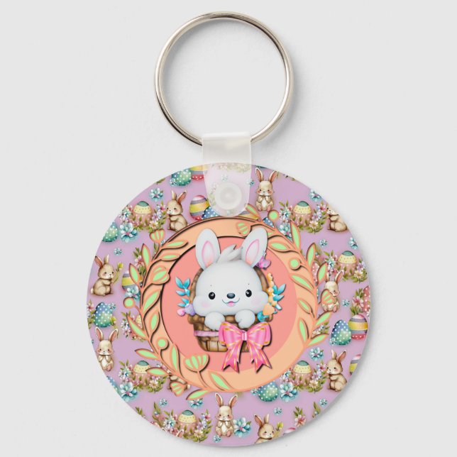 Cute Easter Bunny Sitting in The Basket Keychain (Front)