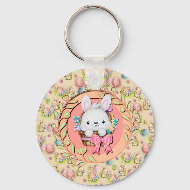 Cute Easter Bunny Sitting in The Basket Keychain (Front)