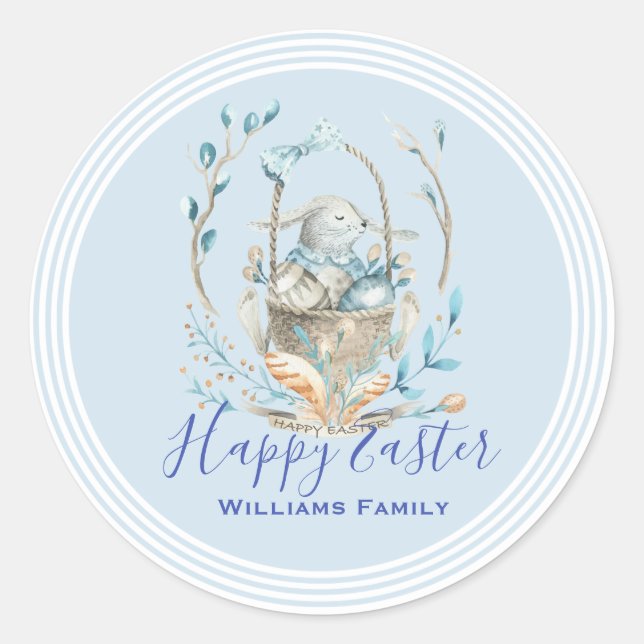 Cute Easter Bunny & Spring Flowers Basket Classic Round Sticker (Front)