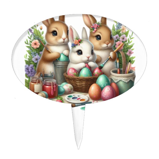 Cute, Easter Bunny/Spring paint party Cake Topper (Front)