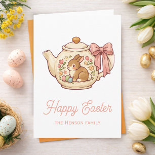 Cute Easter Bunny Teapot Flowers Card