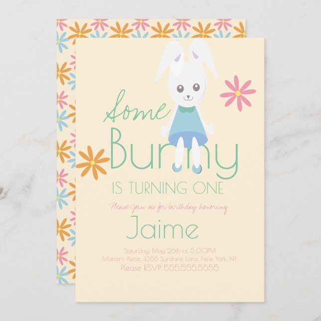 Cute Easter Bunny Turning One Birthday Invitation (Front/Back)