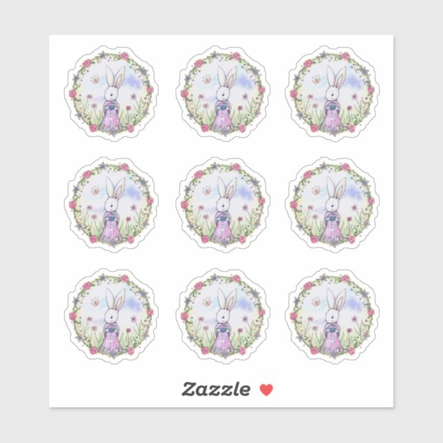 Cute Easter Bunny Whimsical Watercolor Art Sticker (Sheet)