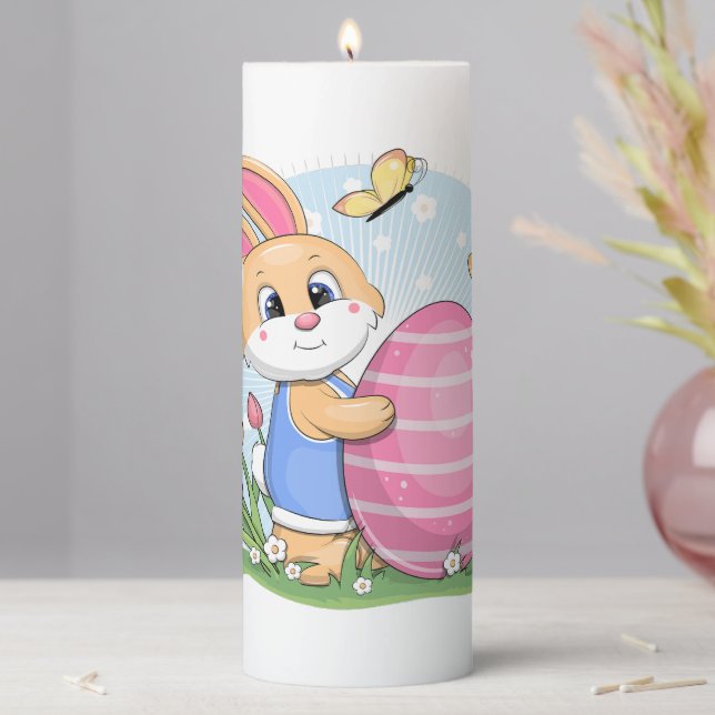 Cute Easter bunny with an egg. Pillar Candle (In Situ)