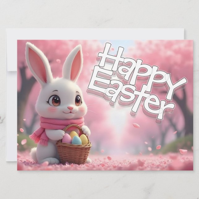 Cute Easter Bunny with Basket and Colorful Eggs (Front)