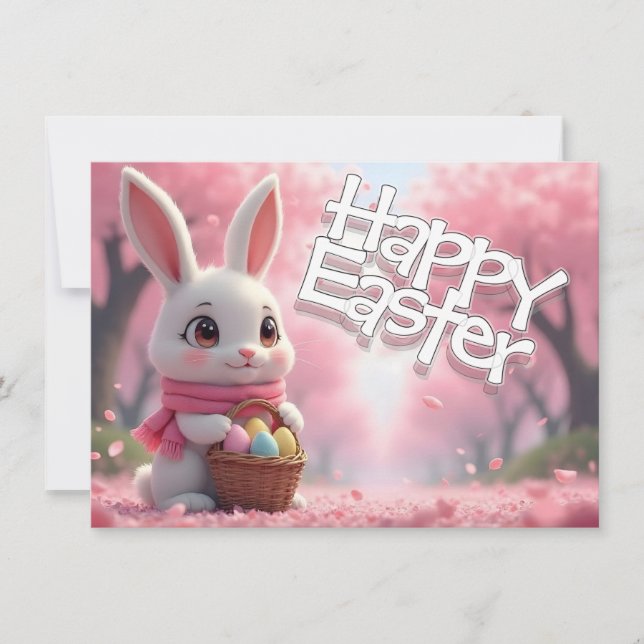 Cute Easter Bunny with Basket and Colorful Eggs (Front)