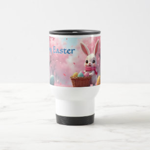 Cute Easter Bunny with Basket of Colorful Eggs Travel Mug