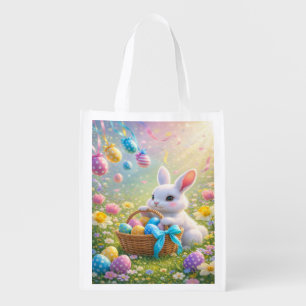 Cute Easter Bunny with Basket of Eggs & Flowers Grocery Bag