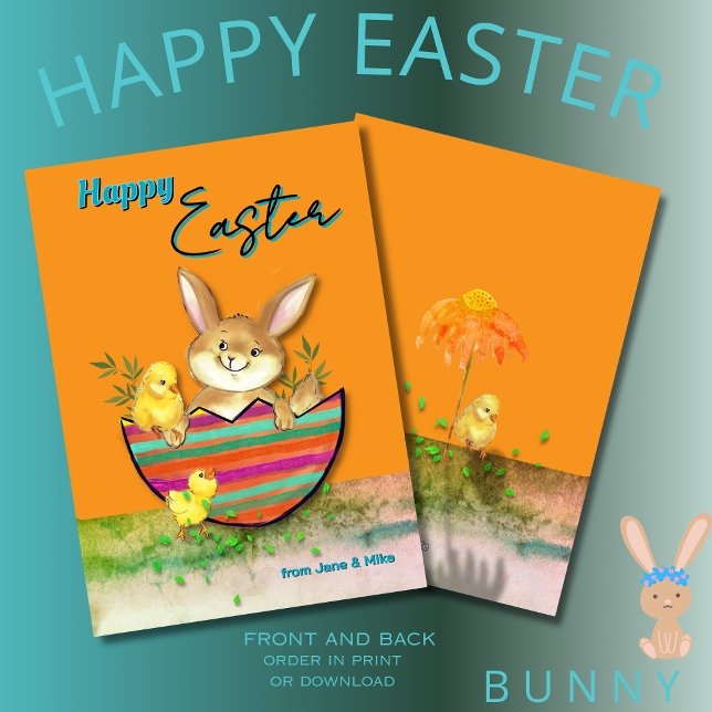 Cute Easter Bunny with chicks Orange Holiday Card (Cute Easter Bunny with chicks Orange Holiday Card)