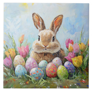 Cute Easter Bunny with Colored Eggs Ceramic Tile