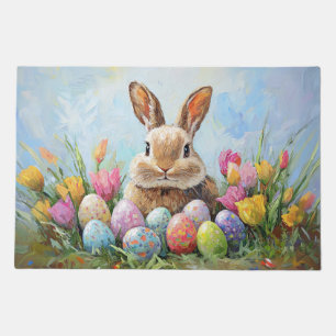 Cute Easter Bunny with Colored Eggs Doormat