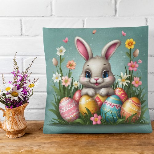 Cute Easter Bunny with Colored Eggs Floral Throw Pillow