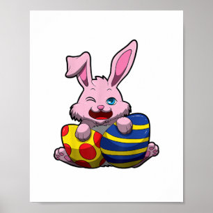 Cute Easter Bunny with Colored Eggs - Happy Easter Poster