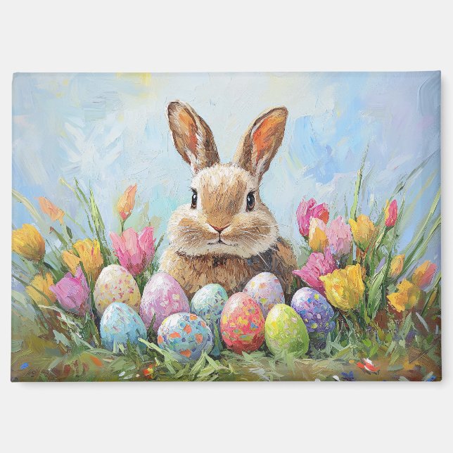 Cute Easter Bunny with Colored Eggs Magnet (Front)