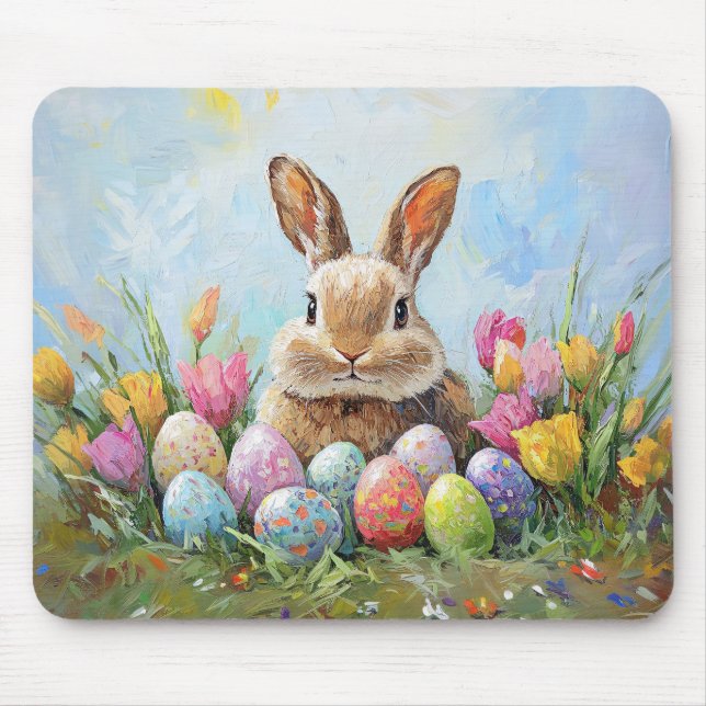 Cute Easter Bunny with Colored Eggs Mouse Pad (Front)