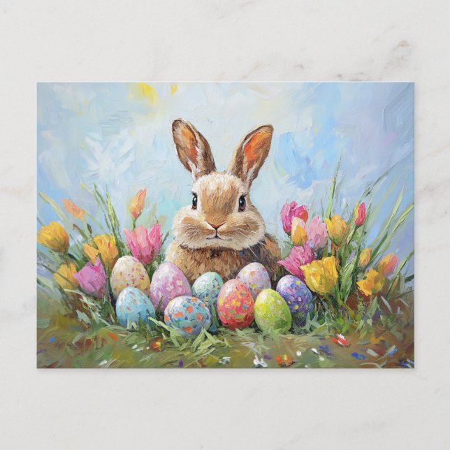 Cute Easter Bunny with Colored Eggs Postcard (Front)