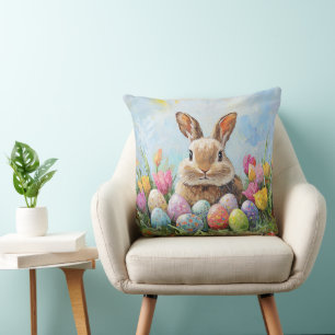 Cute Easter Bunny with Colored Eggs Throw Pillow