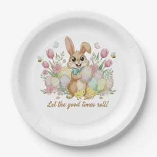 Cute Easter Bunny with Colorful Eggs and Spring Paper Plates