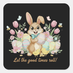 Cute Easter Bunny with Colorful Eggs and Spring Square Sticker