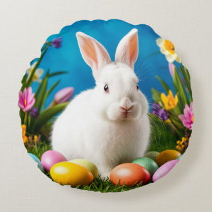 Cute Easter Bunny with Colorful Eggs Round Pillow