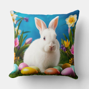 Cute Easter Bunny with Colorful Eggs Throw Pillow