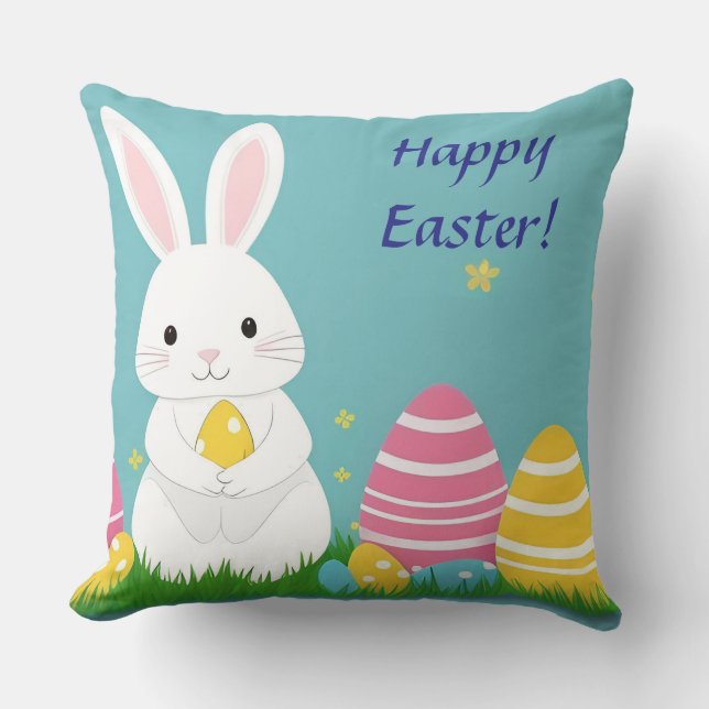 Cute Easter Bunny with Colorful Eggs Throw Pillow (Front)