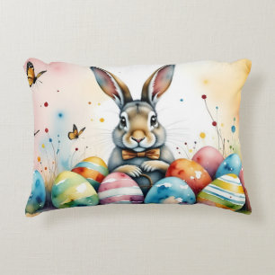 Cute Easter Bunny with Colorful Painted Eggs Accent Pillow