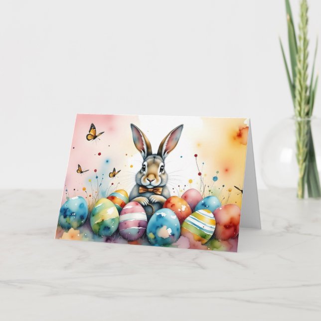 Cute Easter Bunny with Colorful Painted Eggs Card (Front)