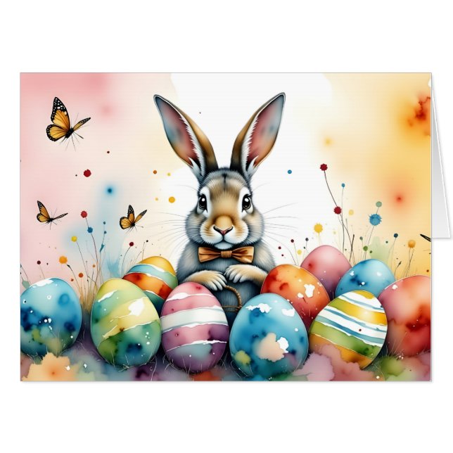 Cute Easter Bunny with Colorful Painted Eggs Card (Front Horizontal)