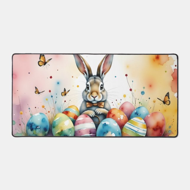 Cute Easter Bunny with Colorful Painted Eggs Desk Mat (Front)