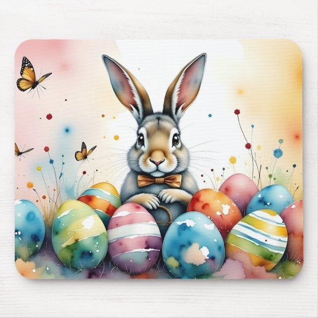 Cute Easter Bunny with Colorful Painted Eggs Mouse Pad (Front)