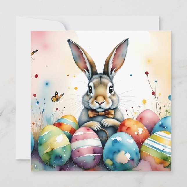 Cute Easter Bunny with Colorful Painted Eggs Note Card (Front)
