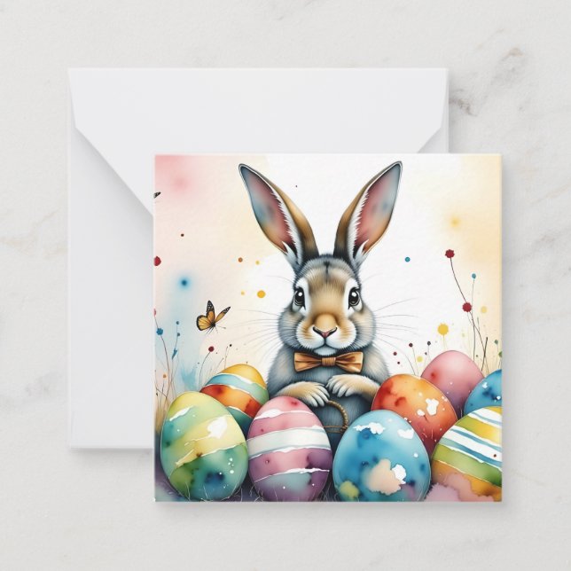 Cute Easter Bunny with Colorful Painted Eggs Note Card (Front)