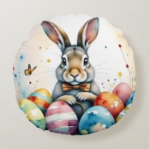 Cute Easter Bunny with Colorful Painted Eggs Round Pillow