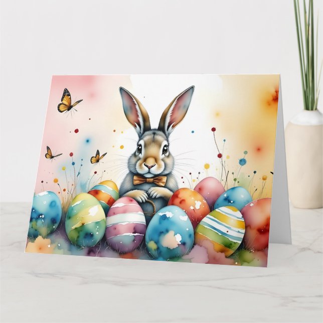 Cute Easter Bunny with Colorful Painted Eggs Thank You Card (Front)
