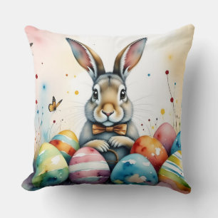 Cute Easter Bunny with Colorful Painted Eggs Throw Pillow