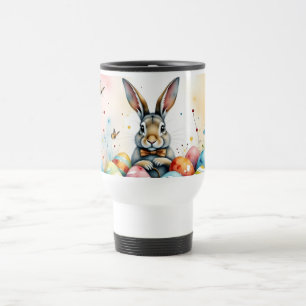 Cute Easter Bunny with Colorful Painted Eggs Travel Mug
