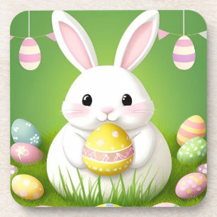 Cute Easter Bunny With Decorative Eggs Beverage Coaster