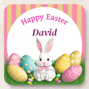 Cute Easter Bunny With Decorative Eggs Beverage Coaster