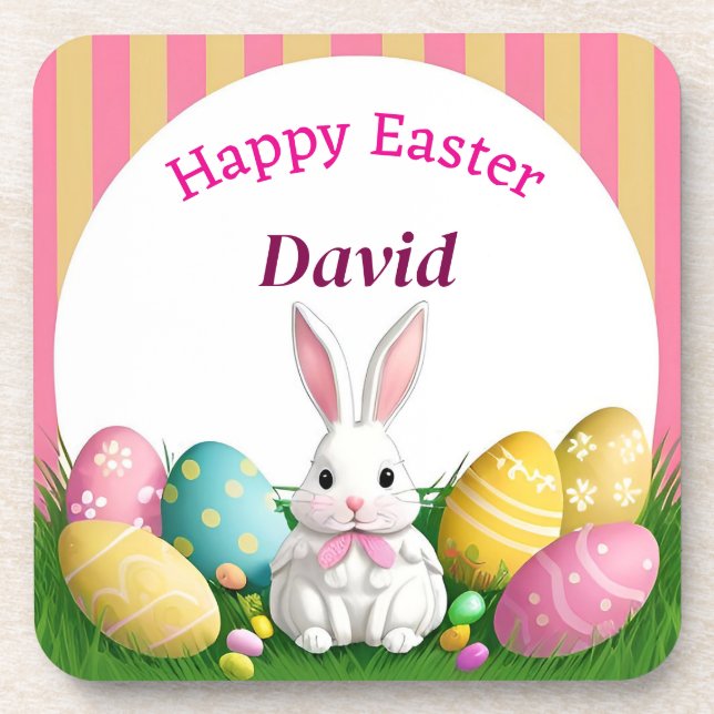 Cute Easter Bunny With Decorative Eggs Beverage Coaster (Front)