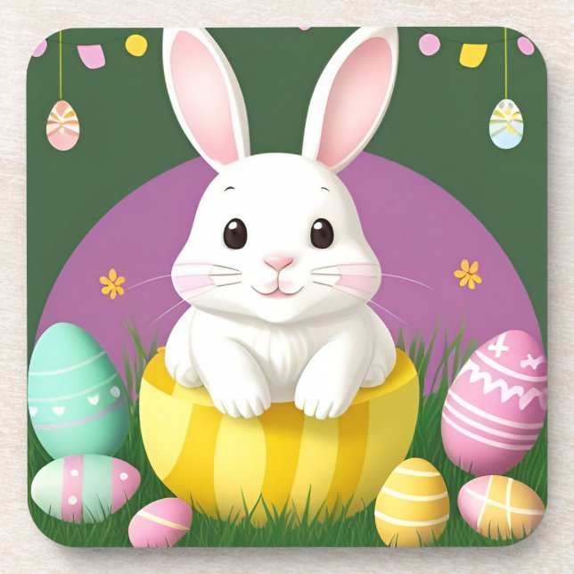 Cute Easter Bunny With Decorative Eggs Beverage Coaster (Front)
