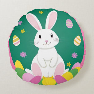 Cute Easter Bunny With Decorative Eggs Round Pillow