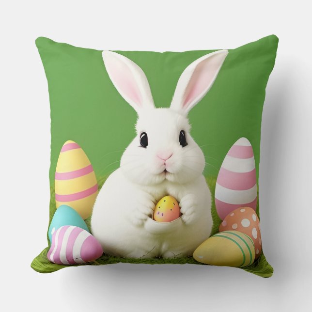 Cute Easter Bunny With Decorative Eggs Throw Pillow (Front)