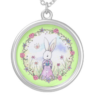 Cute Easter Bunny with Egg Whimsical Art Silver Plated Necklace