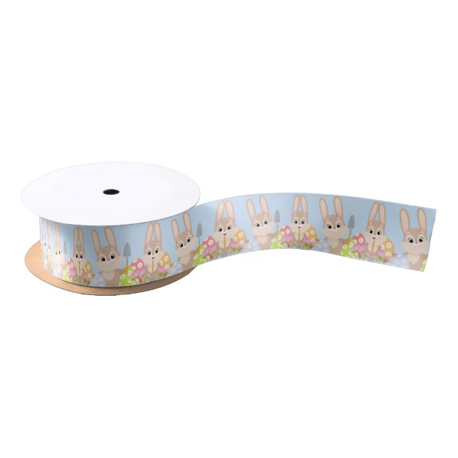 Cute Easter Bunny with Eggs Blue Satin Ribbon (Spool)