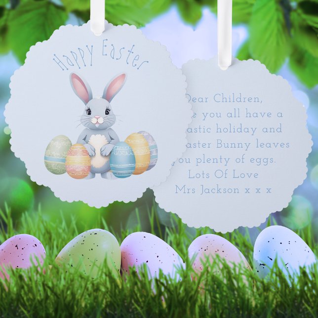 Cute Easter Bunny With Eggs Kindergarten Blue Ornament Card (Front And Back)